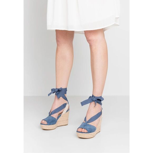 UGG Shiloh Suede Blue Sandals size 8.5 Wedge Espadrille Ribbon Tie Open Toe - Picture 2 of 11